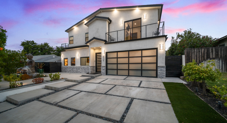 Modern home photographed at twilight