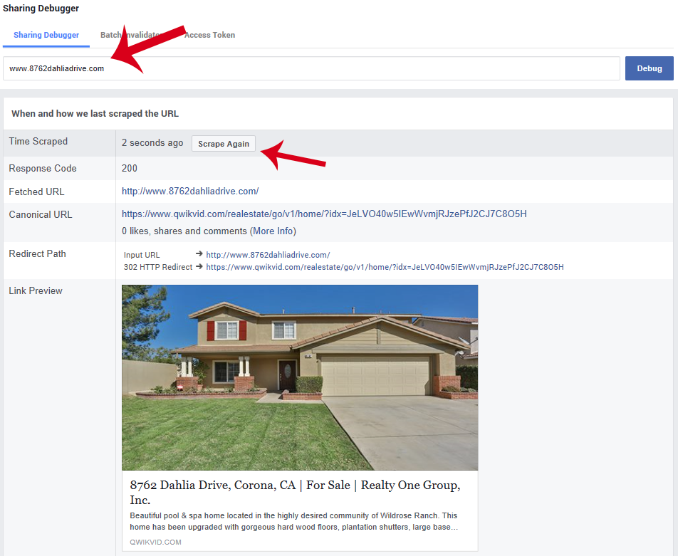 re-scrape single property website for facebook
